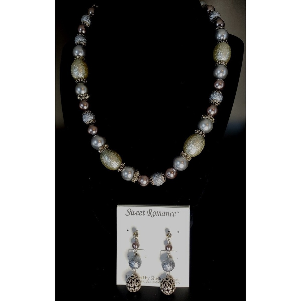 Sweet Romance Silvertoned Faux Pearl And Textured Beaded Necklace & Earring Set